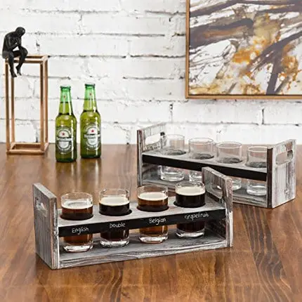 MyGift Torched Wood Beer Flight Board Serving Set with Chalkboard Panels and 4 Tasting Beer Glasses, Set of 2