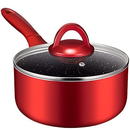 N++A Saucepan with Lid 2 quart, Nonstick Sauce Pans for All Stoves, 100% Non-toxic Small Pot, Red Saucier, Dishwasher Safe, Induction