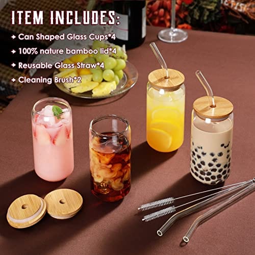 Glass Cups with Bamboo Lids and Glass Straw - S Shaped Drinking Glasses,  16.9 oz Iced Coffee Glasses, Cute Tumbler Cup for Smoothie, Boba Tea,  Whiskey, Water 