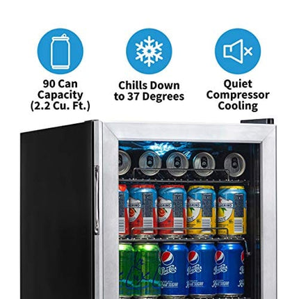 NewAir Beverage Refrigerator Cooler with 90 Can Capacity - Mini Bar Beer Fridge with Right Hinge Glass Door - Cools to 37F - AB-850 - Stainless Steel