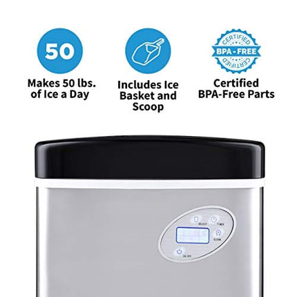 NewAir Portable Ice Maker 50 lb. Daily, 12 Cubes in Under 7 Minutes - Compact Countertop Design - 3 Size Bullet Shaped Ice - for Kitchen/Office/RV/Bar - Stainless Steel - AI-215SS