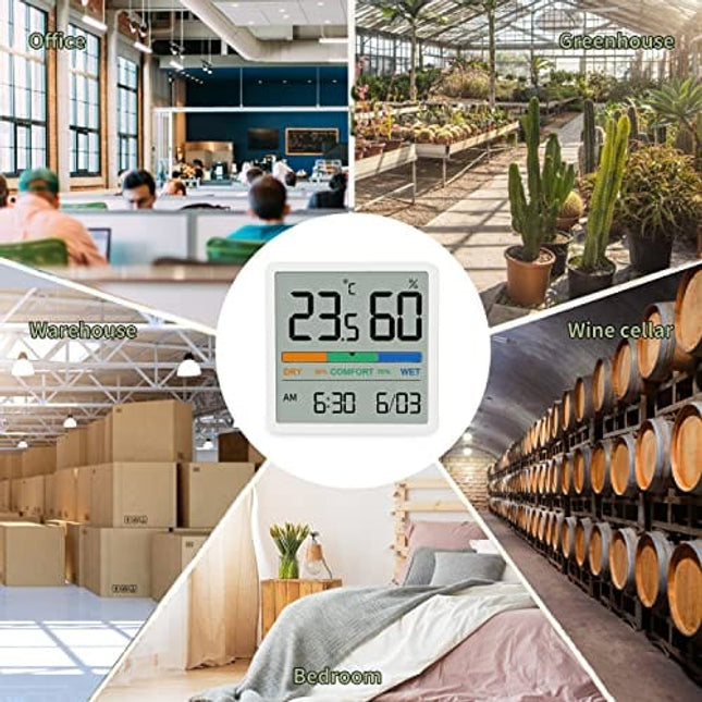 NOKLEAD Indoor Digital Thermometer Hygrometer : 3.3″ LCD Screen / Time and Date / 3 Humidity Levels / Magnetic Hanging / Desktop Stand, Accurate Temperature Gauge Humidity Monitor for Home Room