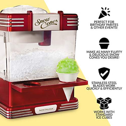 Nostalgia Retro Table-Top Snow Cone Maker, Makes 20 Icy Treats, Shaved Ice Machine Includes 2 Reusable Plastic Cups & Ice Scoop, Retro Red