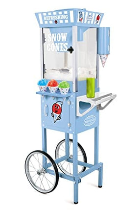 Nostalgia Snow Cone Cart, 54-Inch, Makes 72 ICY Treats, Vintage Snow Machine Includes Metal Scoop, 2 Syrup Bottles, 100 Paper Cups/Spoons, Storage Compartment, Wheels for Easy Mobility, Blue