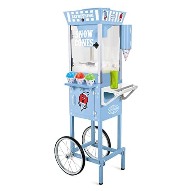 Nostalgia Snow Cone Cart, 54-Inch, Makes 72 ICY Treats, Vintage Snow Machine Includes Metal Scoop, 2 Syrup Bottles, 100 Paper Cups/Spoons, Storage Compartment, Wheels for Easy Mobility, Blue