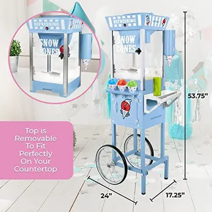 Nostalgia Snow Cone Cart, 54-Inch, Makes 72 ICY Treats, Vintage Snow Machine Includes Metal Scoop, 2 Syrup Bottles, 100 Paper Cups/Spoons, Storage Compartment, Wheels for Easy Mobility, Blue