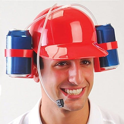 Novelty Place Drinking Helmet - Can Holder Drinker Hat Cap with Straw for Beer and Soda - Party Fun - Red