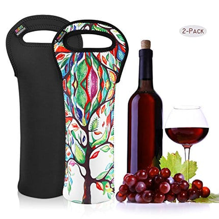 Nuovoware Wine Bag, 2Pack 750ML Portable Neoprene Wine Tote Holders and Carriers Insulated Bag for Wine and Water Bottles, Wine Bottle Protector for Home Travel and Picnic, Lucky Tree and Black