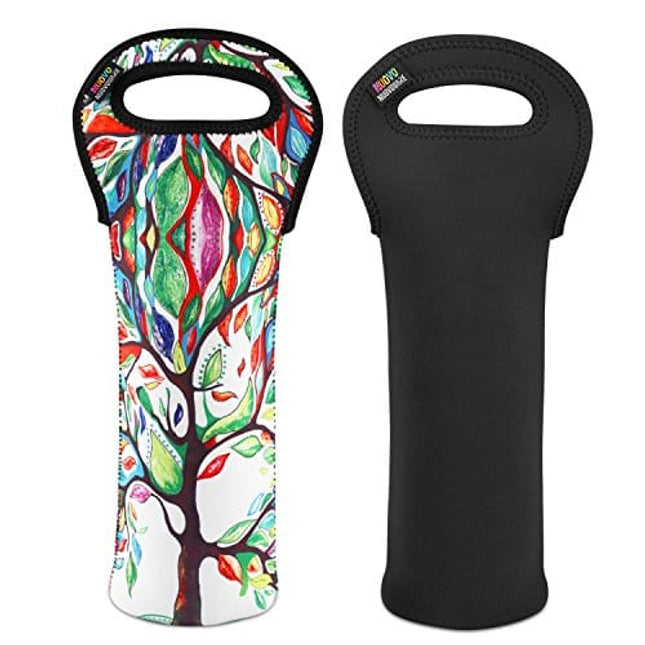 Nuovoware Wine Bag, 2Pack 750ML Portable Neoprene Wine Tote Holders and Carriers Insulated Bag for Wine and Water Bottles, Wine Bottle Protector for Home Travel and Picnic, Lucky Tree and Black