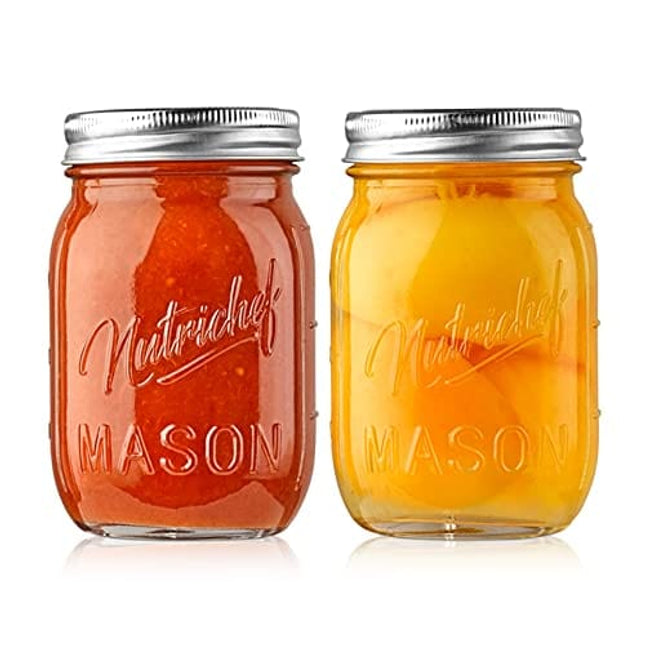 NutriChefKitchen Mason Jars with Lids - 16oz DIY Magnetic Spice Jar Glass Container w/Airtight Lid and Band - Ideal for Meal Prep, Overnight Oats,Jelly,Jam, Honey,Candles,Crafts,Wedding Favors (2 Pcs)