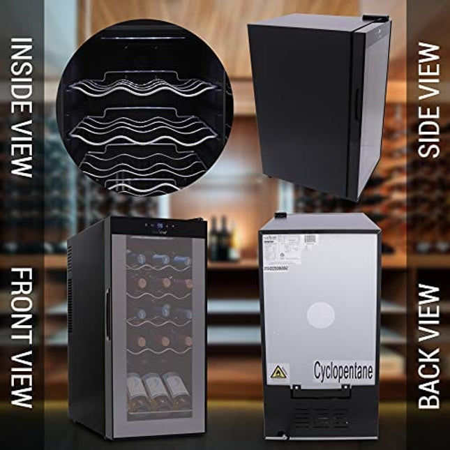 NutriChef Compressor Refrigerator White & Red Chiller Countertop Cooler-Freestanding Compact Mini Wine 15 Bottle Capacity, Digital, Glass Door, Black, Quiet Operation Fridge Touch Temperature Control
