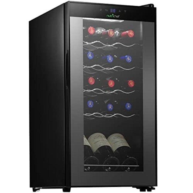 NutriChef Compressor Refrigerator White & Red Chiller Countertop Cooler-Freestanding Compact Mini Wine 15 Bottle Capacity, Digital, Glass Door, Black, Quiet Operation Fridge Touch Temperature Control