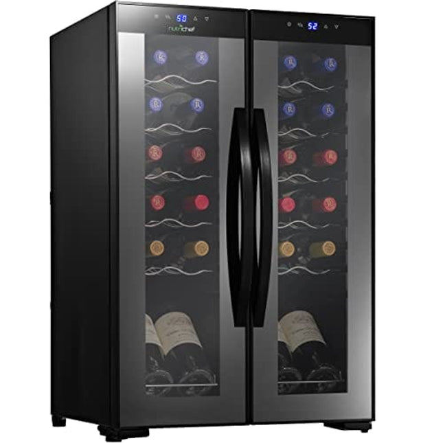 NutriChef PKCWC240 Cooler for White and Red Wines Chiller, Freestanding Compact Countertop Mini Fridge w/Digital Control, 24 Bottle Dual Zone-Black