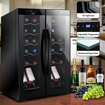 NutriChef PKCWC240 Cooler for White and Red Wines Chiller, Freestanding Compact Countertop Mini Fridge w/Digital Control, 24 Bottle Dual Zone-Black