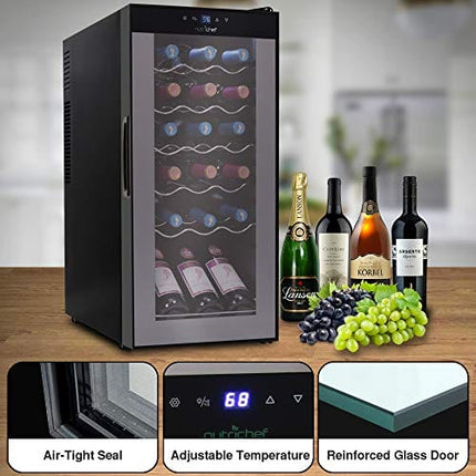 NutriChef Wine Cooler Refrigerator - 18-Bottle Wine Fridge with Air-Tight Glass Door, Touch Screen Digital Temperature Control - Freestanding, Compact - For Apartment, Office, Hotel, Home Bars