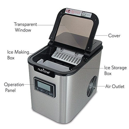Countertop Digital Ice Cube Maker - Upgraded Portable Stainless Steel Ice Molder Machine, Stain Resistant w/Built-in Freezer, Over-Sized Ice Bucket Machine w/Easy-Touch Buttons, Silver - NutriChef