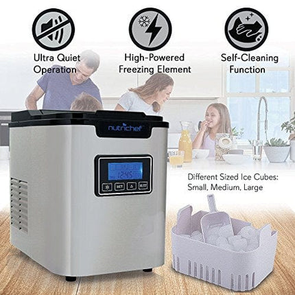 Countertop Digital Ice Cube Maker - Upgraded Portable Stainless Steel Ice Molder Machine, Stain Resistant w/Built-in Freezer, Over-Sized Ice Bucket Machine w/Easy-Touch Buttons, Silver - NutriChef