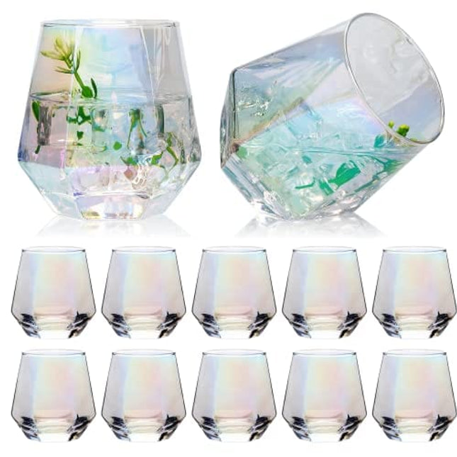 Nuxaoisgel Stemless Wine Glass Set Of 12,Iridescent Glassware For Gift,Modern Rainbow Wine Glass For Serving White Wine, Red Wine, Cocktail, Whiskey, Bourbon, Cool Water CUKBLESS(10 Oz)