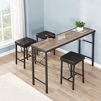 O&K FURNITURE 4 Piece Long Bar Table and Chairs Set, Counter Height Table with 3 Cushion Stools, Behind Couch Bar Table, Industrial Dining Table Sets for Breakfast Nook Living Room Small Space