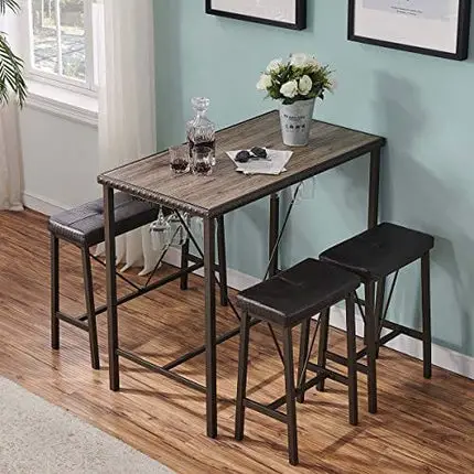 O&K FURNITURE Bar Table and Chairs Set of 4, Industrial Dining Table Set with Glass Holder, Kitchen Table with Upholstered Bench and Stools, Counter Height Pub Table Set for Small Space(Gray)