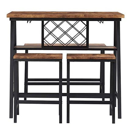 O&K FURNITURE Counter Height Dining Room Table Set for 4, Bar Table with One Bench and Two Stools, Industrial Table with Wine Rack for Kitchen Counter, Small Space Table and Chairs Set, Rustic Brown