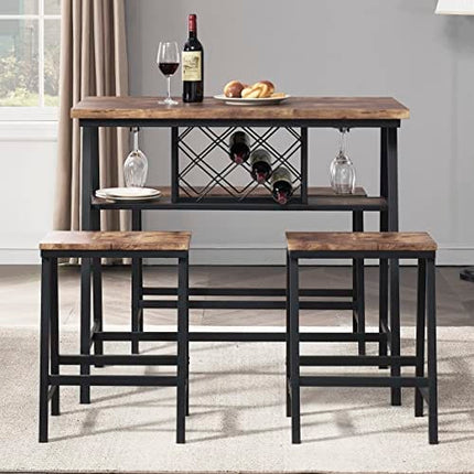 O&K FURNITURE Counter Height Dining Room Table Set for 4, Bar Table with One Bench and Two Stools, Industrial Table with Wine Rack for Kitchen Counter, Small Space Table and Chairs Set, Rustic Brown