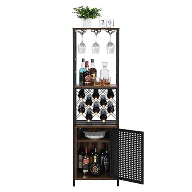 O&K FURNITURE Wine Bar Cabinet for Liquor and Glass, Free Standing Wine Rack, Bar Liquor Cabinet, Multifunctional Floor Wine Cabinet with Adjustable Shelf for Living Room, Home Bar（Vintage Brown）