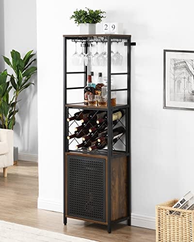 O&K FURNITURE Wine Bar Cabinet for Liquor and Glass, Free Standing Wine Rack, Bar Liquor Cabinet, Multifunctional Floor Wine Cabinet with Adjustable