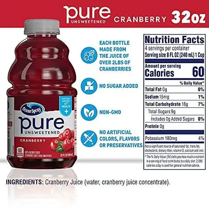 Ocean Spray 100% Pure Cranberry Juice, 32 Ounce (Pack of 8)