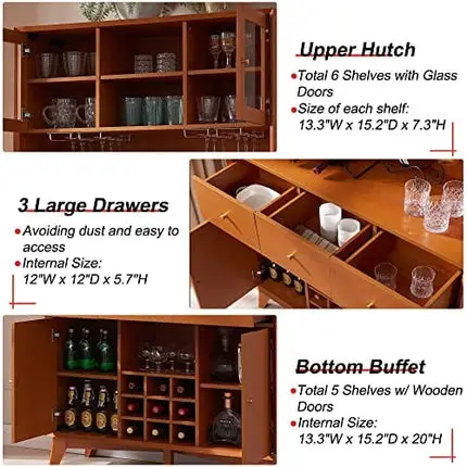 OKD Bar Cabinet, Mid Century Modern Kitchen Hutch Storage Cabinet with Wine and Glass Rack, Storage Shelves, and Drawers, Buffet Sideboard Cabinet for Home Kitchen, Dining Room, Cherry