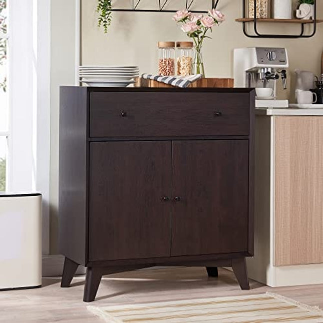 OKD Coffee Bar Cabinet, 31.5" Wide Mid Century Modern Buffet Sideboard with Drawers and Adjustable Storage Shelves, Floor Cabinet for Dining Room, Living Room, Kitchen, Bathroom, Espresso