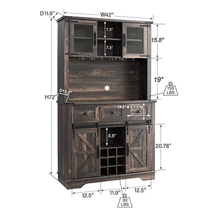 OKD Farmhouse Bar Cabinet with Sliding Barn Door, Kitchen Hutch Storage Cabinet with Wine and Glass Rack, Drawers, Adjustable Shelves, Sideboard Buffet Pantry for Dining Room (Dark Rustic Oak)