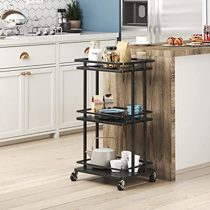 OKZEST 3 Tier Bar Cart for Home, Rolling Mini Liquor Bar for Wine Beverage Dinner Party, Utility Kitchen Storage Island Serving Cart on Wheels, Coffee Bar Cabinet for Kitchen Dining Living Room, Black