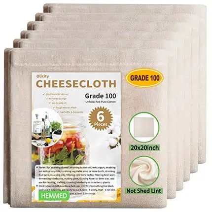 Olicity Cheese Cloths, Grade 100, 20x20Inch Hemmed Cheesecloth for Straining Reusable, 100% Unbleached Precut Cheese Cloth Strainer Muslin Cloth for Cooking, Baking, Juicing, Cheese Making - 6 Pieces
