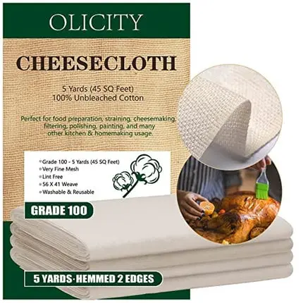 Olicity Cheesecloth, Grade 100, 45 Sq Feet, Reusable Cheese Cloth Ultra Fine Cheese Cloths for Straining, Unbleached Butter Muslin Cloth for Cooking, Cold Brew Coffee, Halloween Decorations - 5 Yards