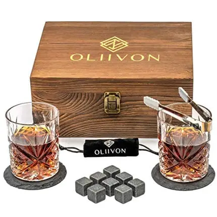 Premium Whiskey Stones Gift Set - 2 Diamond Cut Whiskey Glasses, 8 Chilling Whisky Rocks, 2 Slate Coasters, Steel Tongs, Luxury Wooden Box, Ideal For Scotch And Bourbon Drinks, Great Gift For Men