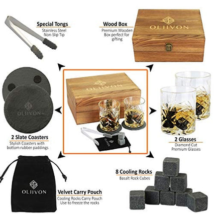Premium Whiskey Stones Gift Set - 2 Diamond Cut Whiskey Glasses, 8 Chilling Whisky Rocks, 2 Slate Coasters, Steel Tongs, Luxury Wooden Box, Ideal For Scotch And Bourbon Drinks, Great Gift For Men