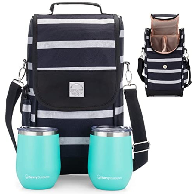 Savvy Outdoors Wine Tote Bag with Stemless Wine Glasses - Bottle Wine Bag with 2 Premium Insulated Wine Cups & Exterior Storage Pouch - Foldable Wine Carrier and Portable Wine Cooler Bags