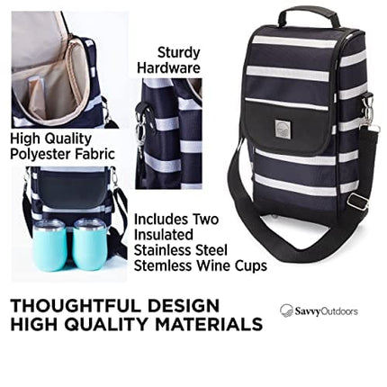Savvy Outdoors Wine Tote Bag with Stemless Wine Glasses - Bottle Wine Bag with 2 Premium Insulated Wine Cups & Exterior Storage Pouch - Foldable Wine Carrier and Portable Wine Cooler Bags