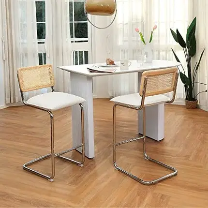 ONEVOG Rattan Bar Stools Set of 2 Bar Height with Backs, Boucle Fabric Stool for Kitchen Bistro Pub 29 Inch Armless Modern Bar Chair with Metal Base Tall Kitchen Chairs