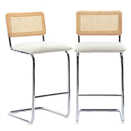 ONEVOG Rattan Bar Stools Set of 2 Bar Height with Backs, Boucle Fabric Stool for Kitchen Bistro Pub 29 Inch Armless Modern Bar Chair with Metal Base Tall Kitchen Chairs