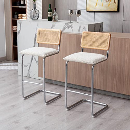 ONEVOG Rattan Bar Stools Set of 2 Bar Height with Backs, Boucle Fabric Stool for Kitchen Bistro Pub 29 Inch Armless Modern Bar Chair with Metal Base Tall Kitchen Chairs