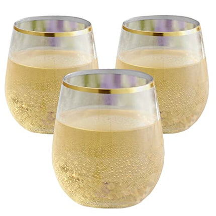 24 piece Stemless Disposable Unbreakable Crystal Clear Plastic Wine Glasses Set of 24 (10 Ounces - Gold Rim)