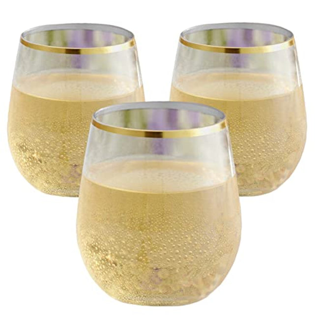 24 piece Stemless Disposable Unbreakable Crystal Clear Plastic Wine Glasses Set of 24 (10 Ounces - Gold Rim)