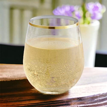 24 piece Stemless Disposable Unbreakable Crystal Clear Plastic Wine Glasses Set of 24 (10 Ounces - Gold Rim)
