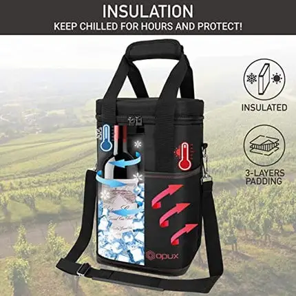 OPUX 4 Bottle Wine Tote Carrier | Insulated Wine Cooler Bag for Travel Picnic BYOB | Portable Leakproof Padded Wine Bag with Shoulder Strap for Dinner Christmas Wine Gift for Women Men (Black)
