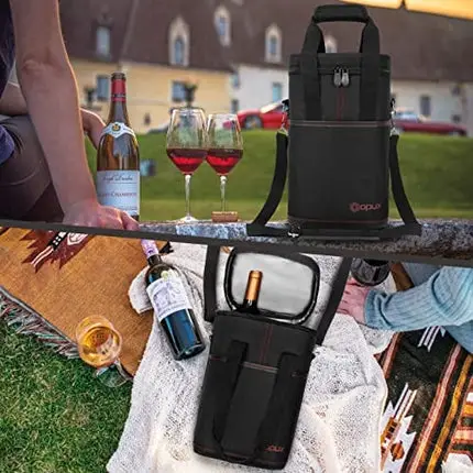 OPUX 4 Bottle Wine Tote Carrier | Insulated Wine Cooler Bag for Travel Picnic BYOB | Portable Leakproof Padded Wine Bag with Shoulder Strap for Dinner Christmas Wine Gift for Women Men (Black)