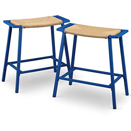 OUllUO Outdoor Bar Stools Set of 2,Rope Wicker Counter Height Stools for Kitchen, Metal-919Blue