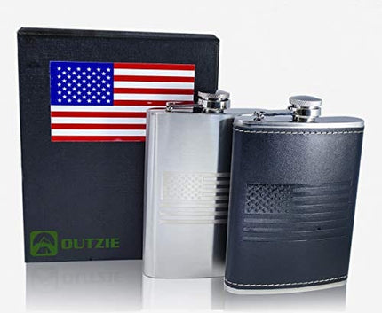 OUTZIE American Flag Flask - Soft Touch Cover | Laser Welded | 18/8 304 Food Grade Stainless Steel | Leak Proof Slim Profile Classic American Flag Design | Funnel and Gift Box Included