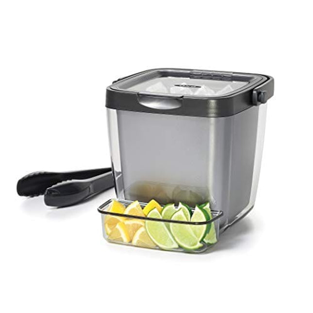 OXO Good Grips Double Wall Ice Bucket with Tongs and Garnish Tray,Gray, 7.37"L x 8.5"W x 7.5"H